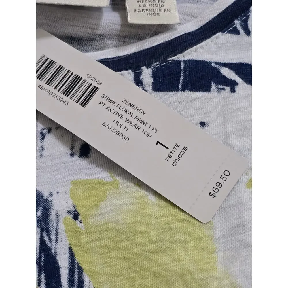 Zenergy By Chicos Striped Floral Print T Blue White 3Q Sleeve New With Tags MP - Picture 4 of 6